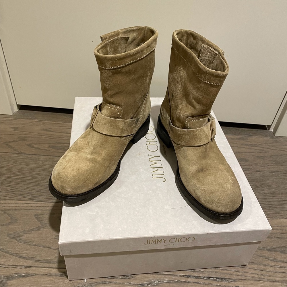 Jimmy Choo youth biker boots in antelope color. Suede, size 6.5